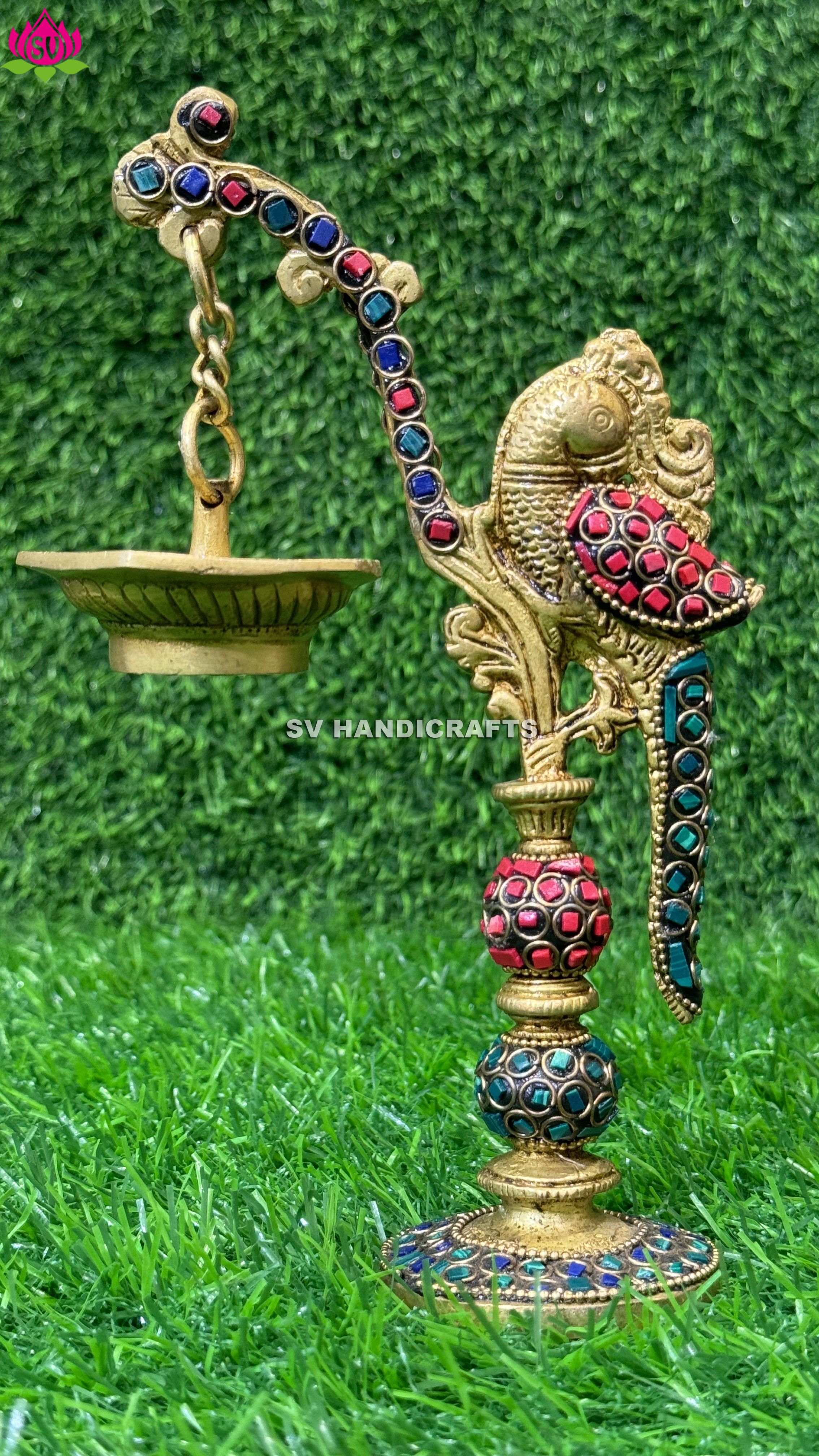 PARROT HANGING DIYA WITH STONES